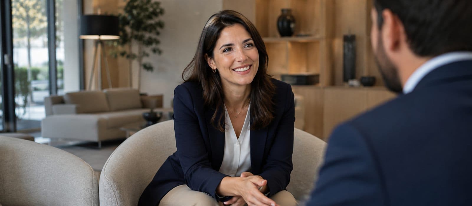 Asesora profesional conversando de forma cercana con un cliente en la oficina