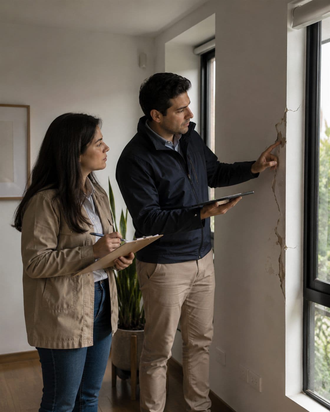 Ingenieros civiles inspeccionando una grieta estructural en una vivienda