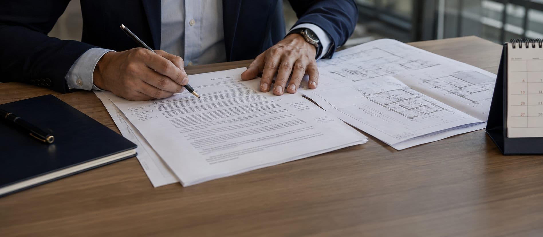 Profesional revisando documentos de una liquidación de siniestro junto a planos y un calendario sobre un escritorio