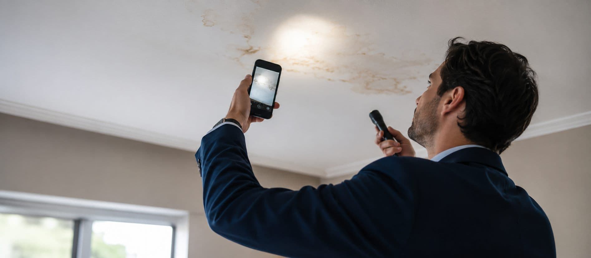 Perito registrando con su teléfono y una linterna una mancha de humedad en el cielo de una vivienda
