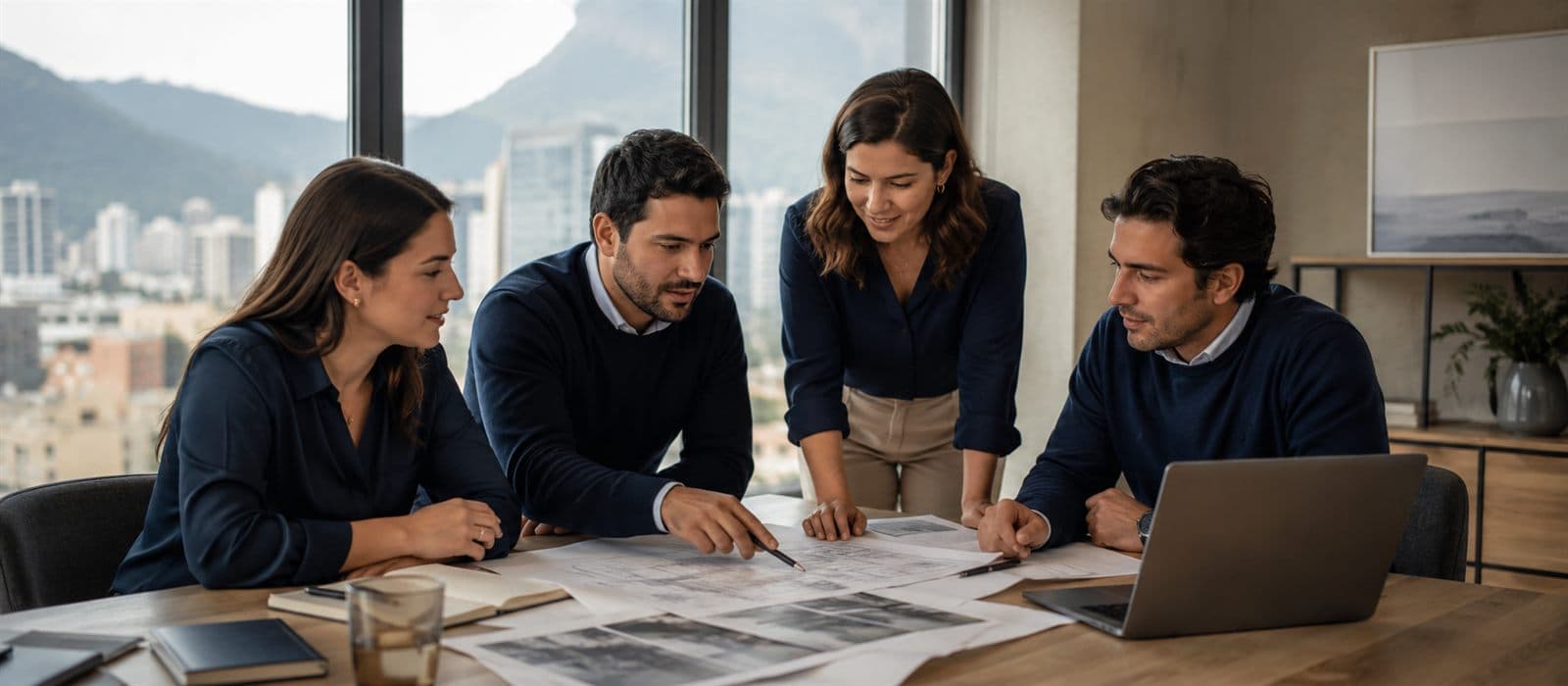 Equipo de ingenieros civiles revisando un caso en la oficina con vista a Santiago