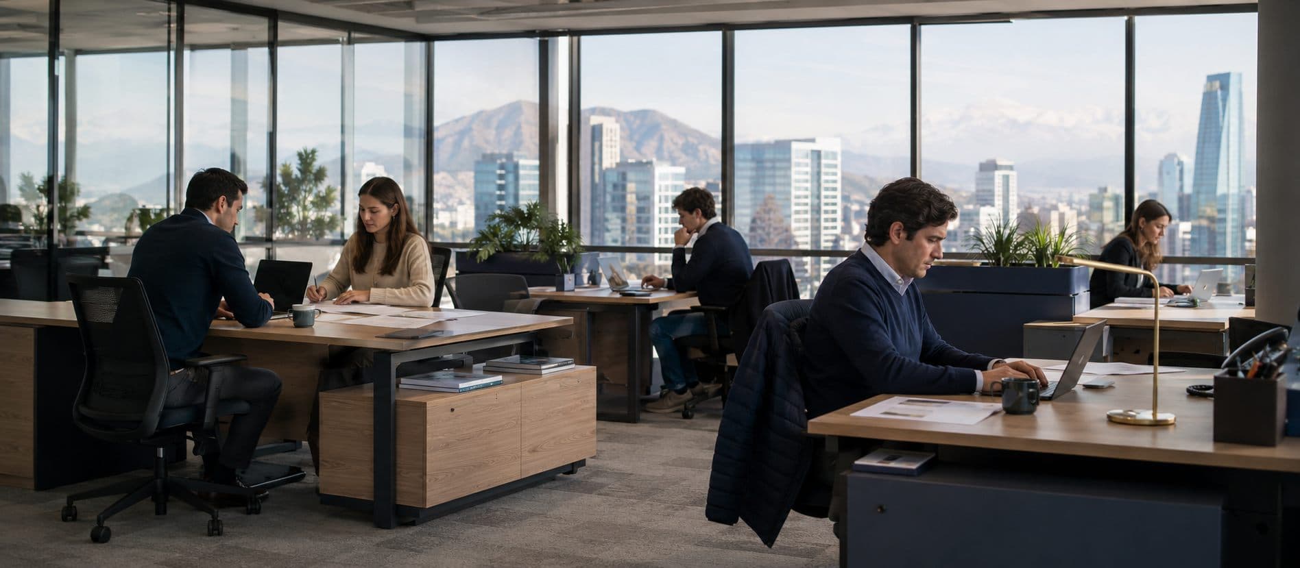 Profesionales de IngenierosSeguros trabajando en la oficina en un edificio de Santiago