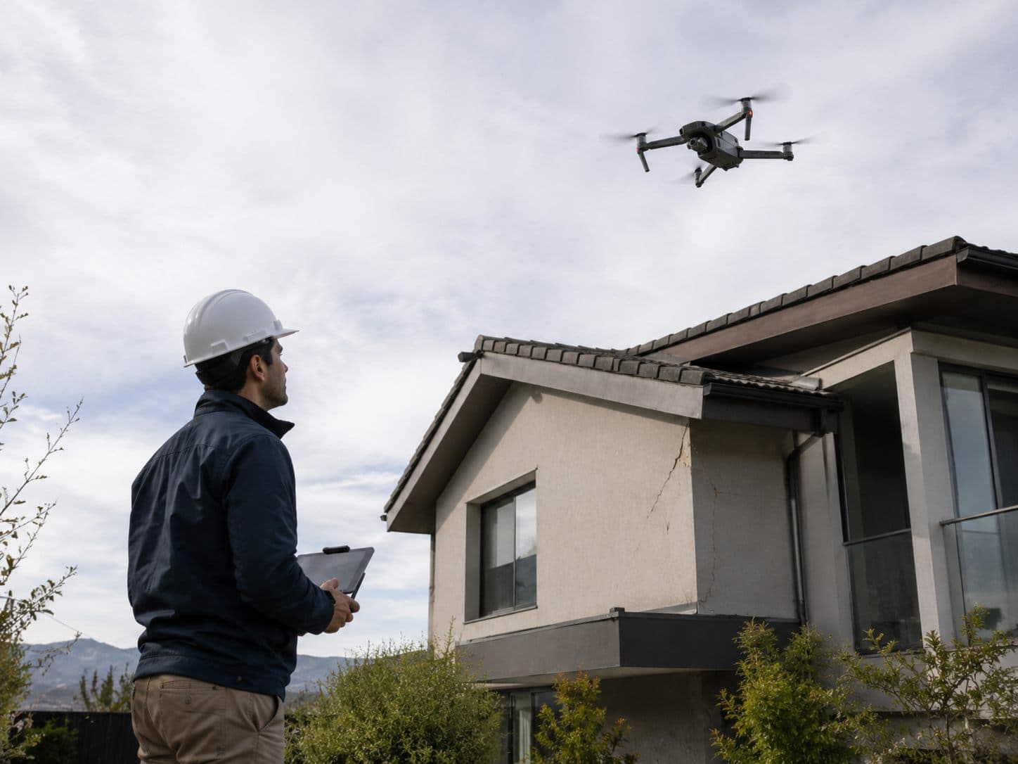 Ingeniero con casco operando un dron para inspeccionar la fachada de una vivienda