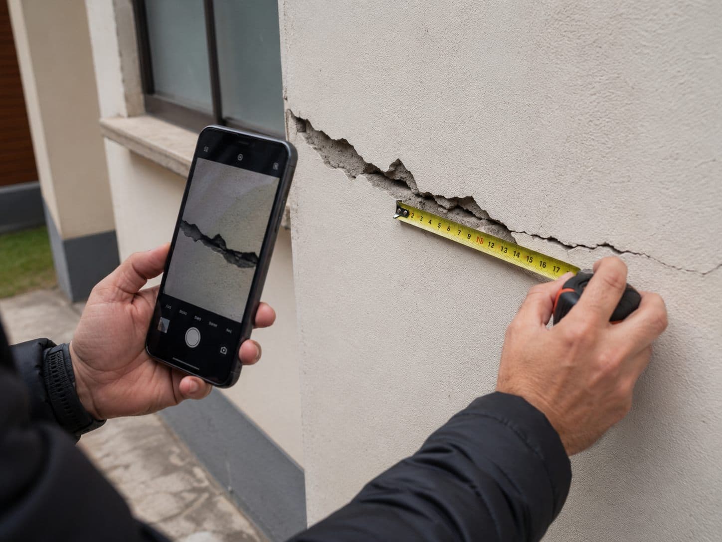 Persona midiendo con huincha y fotografiando una grieta en la fachada para registro técnico