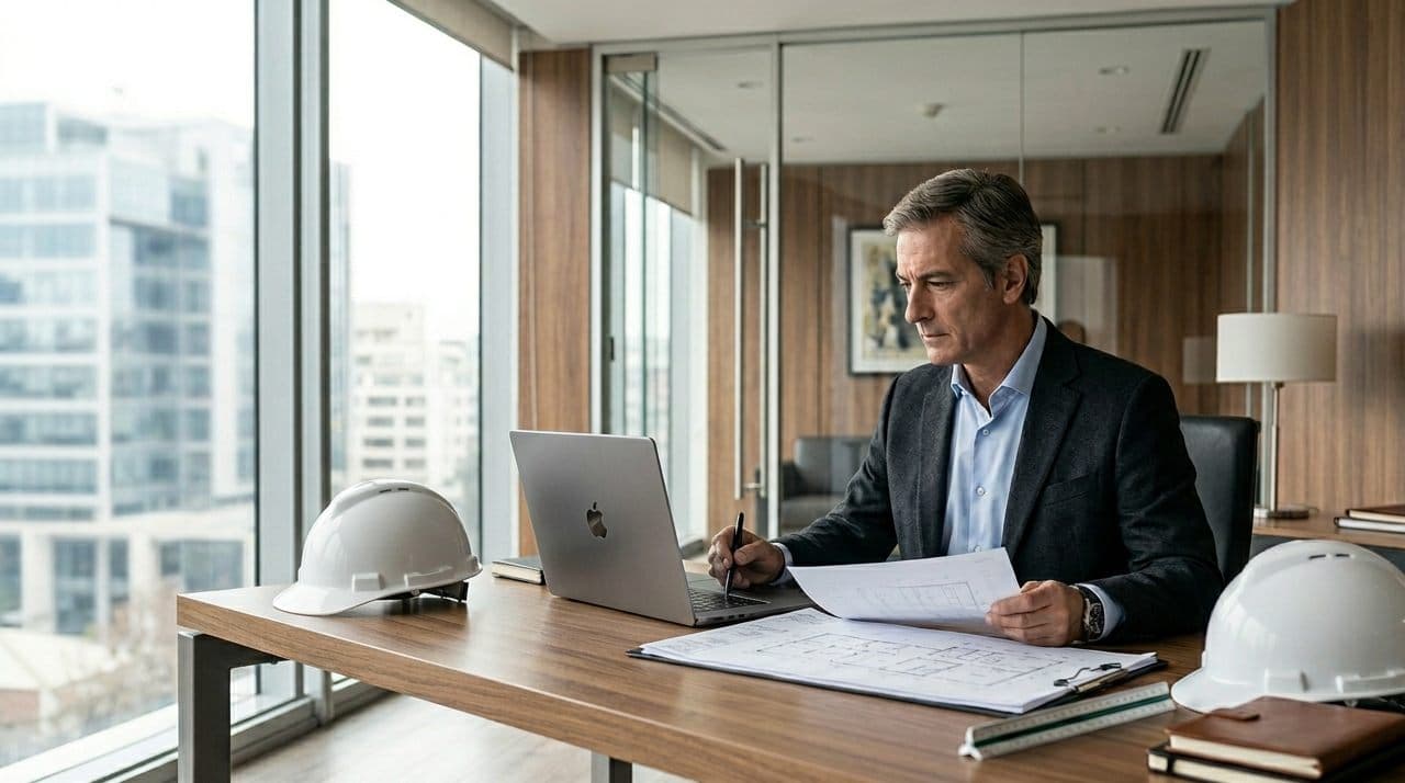 Ingeniero revisando planos y documentación técnica del caso en oficina